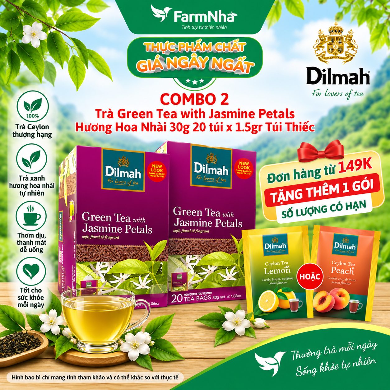 (Combo 2) Trà Dilmah Green Tea with Jasmine Petals 30g 20 Túix1.5g Túi Bạc Riêng Biệt - Hương Nhài Dịu Dàng Tự Nhiên