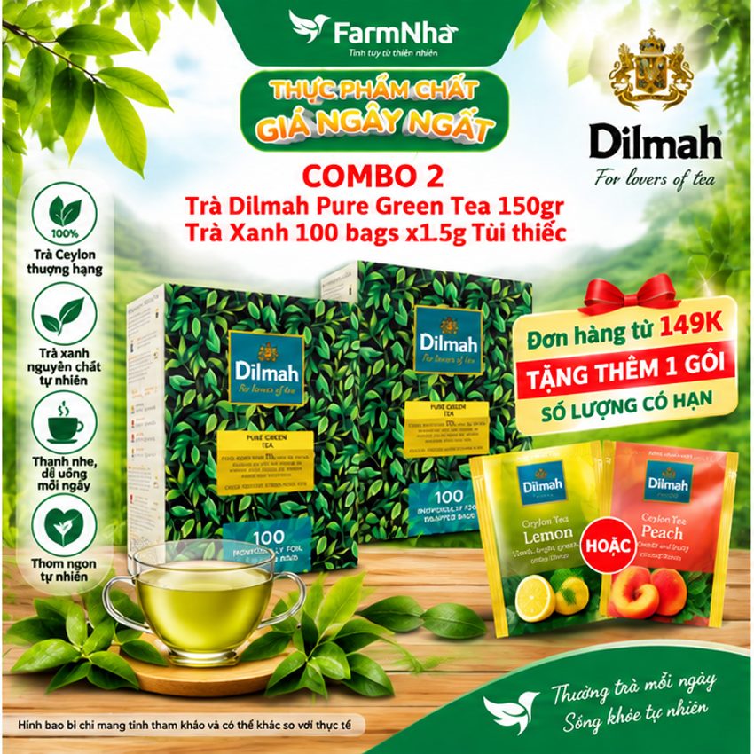 (Combo 2) Trà Dilmah Pure Green Trà Xanh 150g 100 túi x1.5g Túi Bạc Riêng Biệt - Lựa chọn tuyệt vời cho những ai yêu thích trà xanh