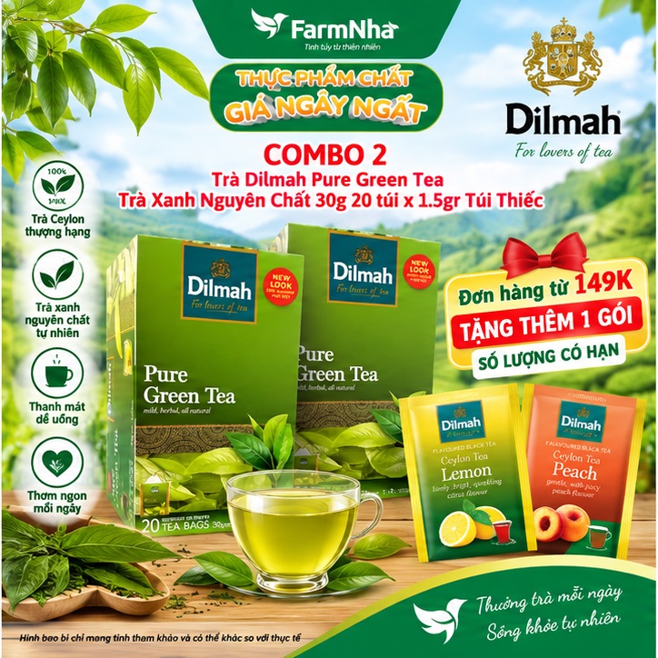 (Combo 2) Trà Dilmah Pure Green 30g 20 túix1.5g Túi Bạc Riêng Biệt - Tuyệt vời cho những ai yêu thích trà xanh