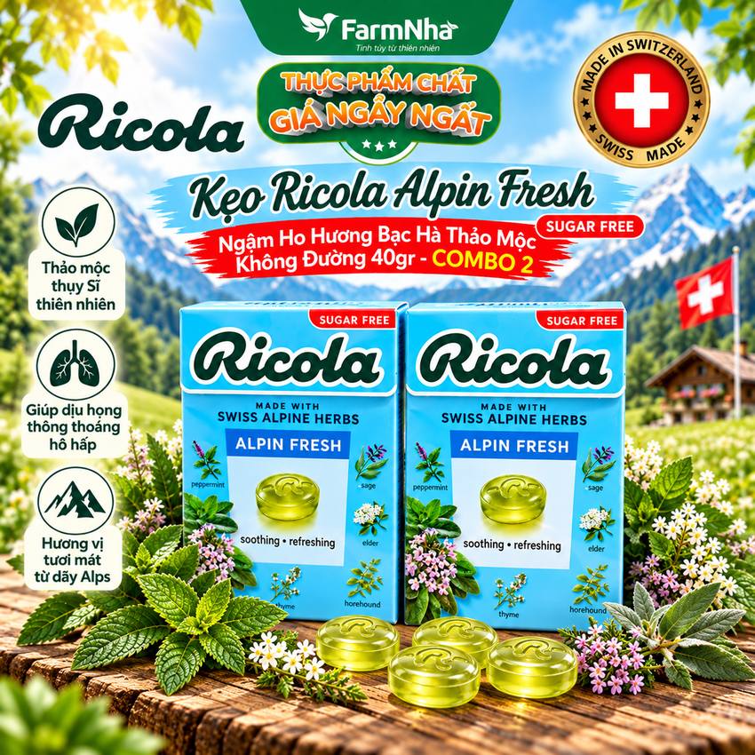 (Combo 2) Kẹo Ricola Alpin Fresh Sugar Free 40g Hộp Giấy Không Đường – Mát Lạnh Họng, Thông Cổ Tức Thì