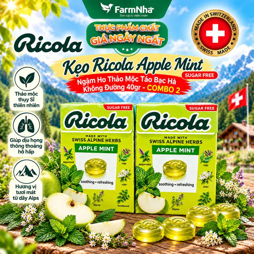 (Combo 2) Kẹo Ngậm Ho Ricola Apple Mint 40g Sugar Free - Vị Táo Bạc Hà Thảo Mộc Từ Thủy Sĩ