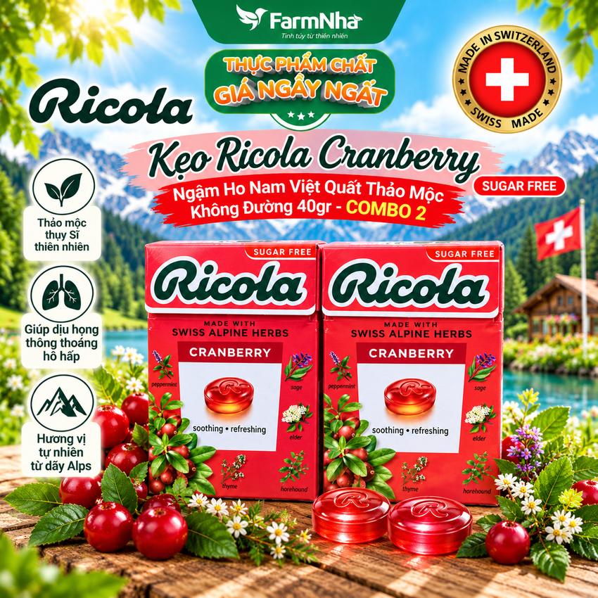 (Combo 2) Kẹo Ricola Cranberry Sugar Free 40g Hộp Giấy Không Đường – Quả Nam Việt Quất, Giảm Ho, Mát Họng, Thơm Miệng