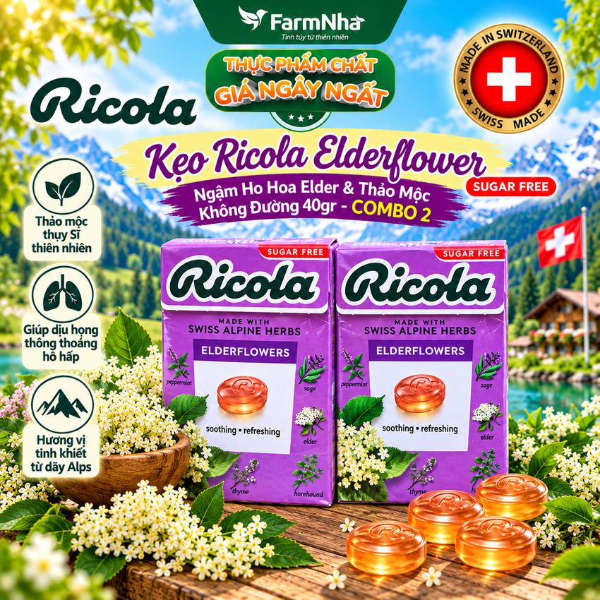 (Combo 2) Kẹo Ricola Elderflower Sugar Free 40g Hộp Giấy Không Đường - Hoa Elder Thanh Mát Dịu Họng