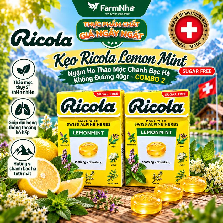 (Combo 2) Kẹo Ricola Lemon Mint Sugar Free 40g Hộp Giấy Không Đường – Vị Chanh Bạc Hà, Mát Họng, Giảm Ho Từ Thụy Sĩ