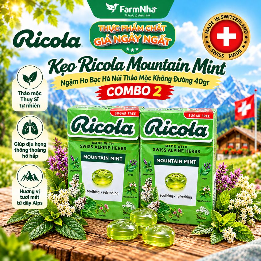 (Combo 2) Kẹo Ricola Mountain Mint Sugar Free 40g Hộp Giấy Không Đường – Bạc Hà Núi Giảm Ho Mát Họng