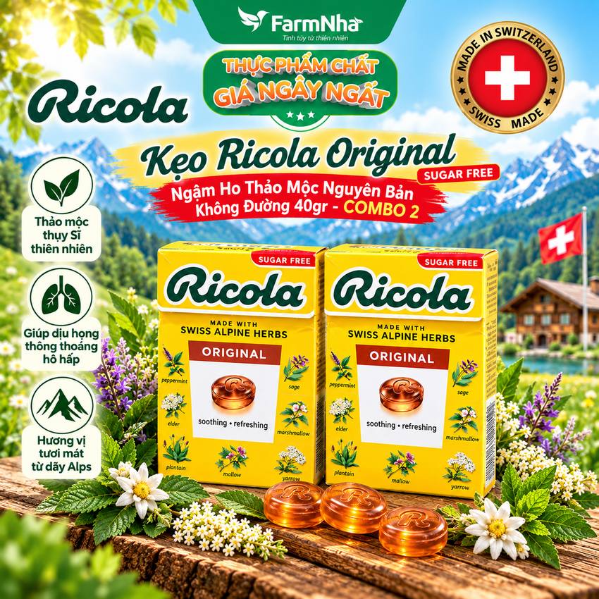 (Combo 2) Kẹo Ricola Original Herb Sugar Free 40g Hộp Giấy Không Đường – Dịu Họng, Giảm Ho, Thanh Mát Tự Nhiên