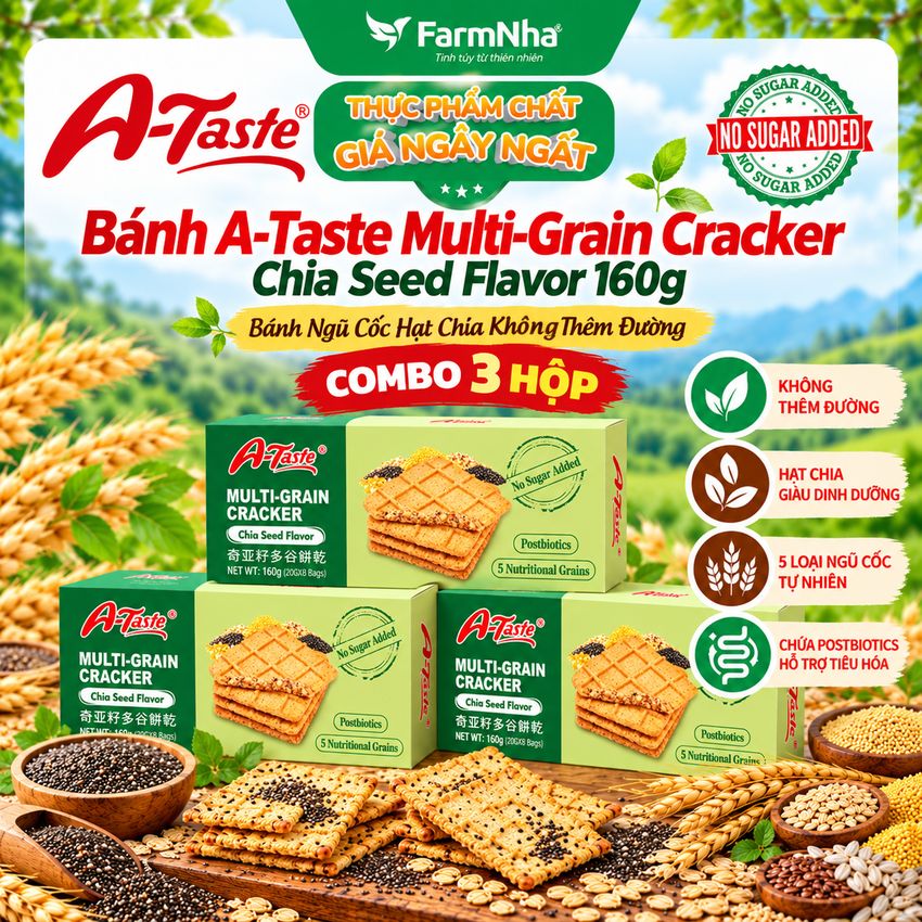 (Combo 3) Bánh A-Taste Multi-Grain Cracker Chia Seed Flavor 160g - Ngũ Cốc Hạt Chia Không Thêm Đường