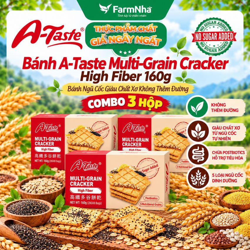 (Combo 3) Bánh A-Taste Multi-Grain Cracker High Fiber 160g - Ngũ Cốc Giàu Chất Xơ Không Thêm Đường