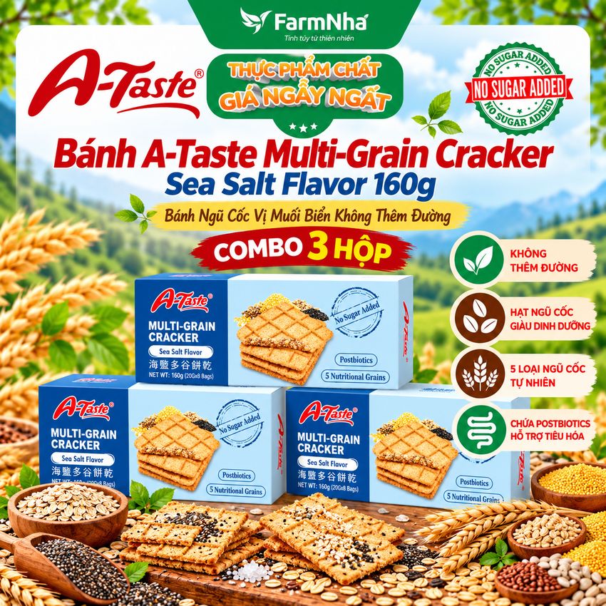 (Combo 3) Bánh A-Taste Multi-Grain Cracker Sea Salt Flavor 160g - Ngũ Cốc Vị Muối Biển Không Thêm Đường