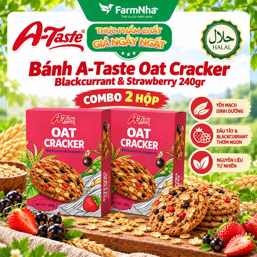 (Combo 3) Bánh A-Taste Oat Cracker Blackcurrant & Strawberry 240g – Yến Mạch Thơm, Đậm Vị Trái Cây