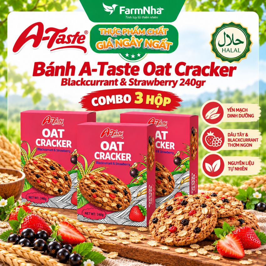 (Combo 3) Bánh A-Taste Oat Cracker Blackcurrant & Strawberry 240g – Yến Mạch Thơm, Đậm Vị Trái Cây