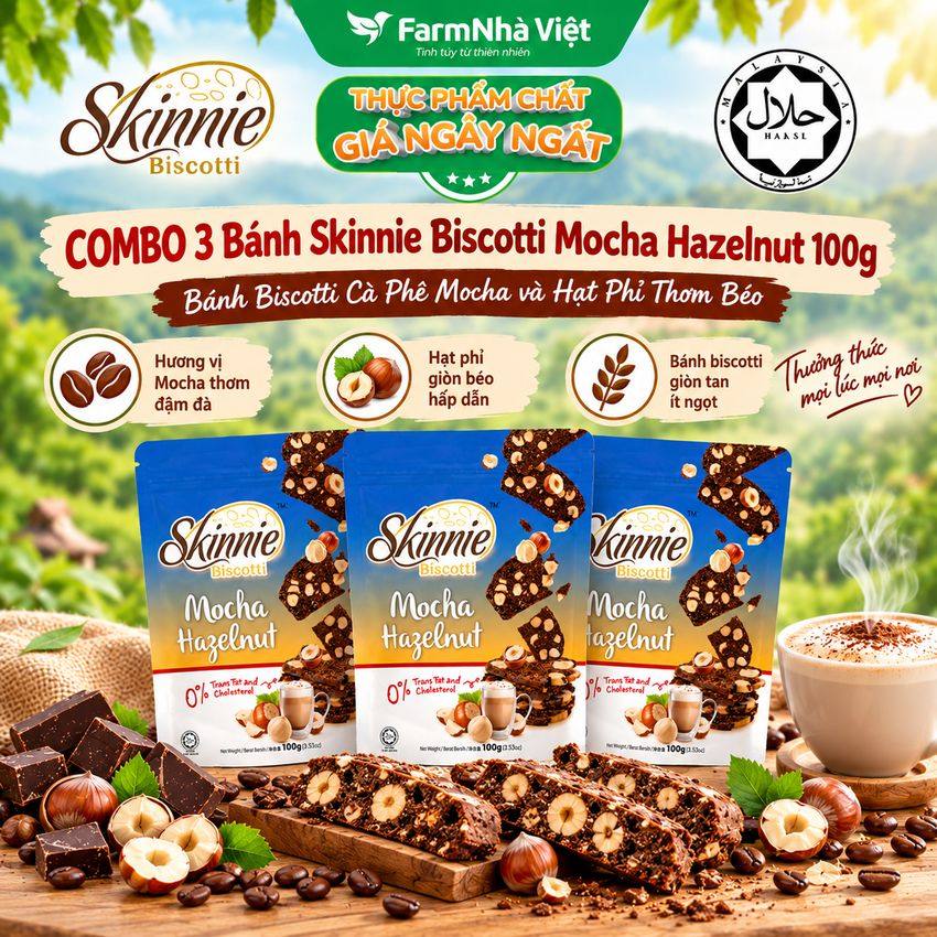 (Combo 3) Bánh Skinnie Biscotti Mocha Hazelnut 100g - Mocha Cà Phê Đậm Đà & Hạt Phỉ Béo Nhẹ