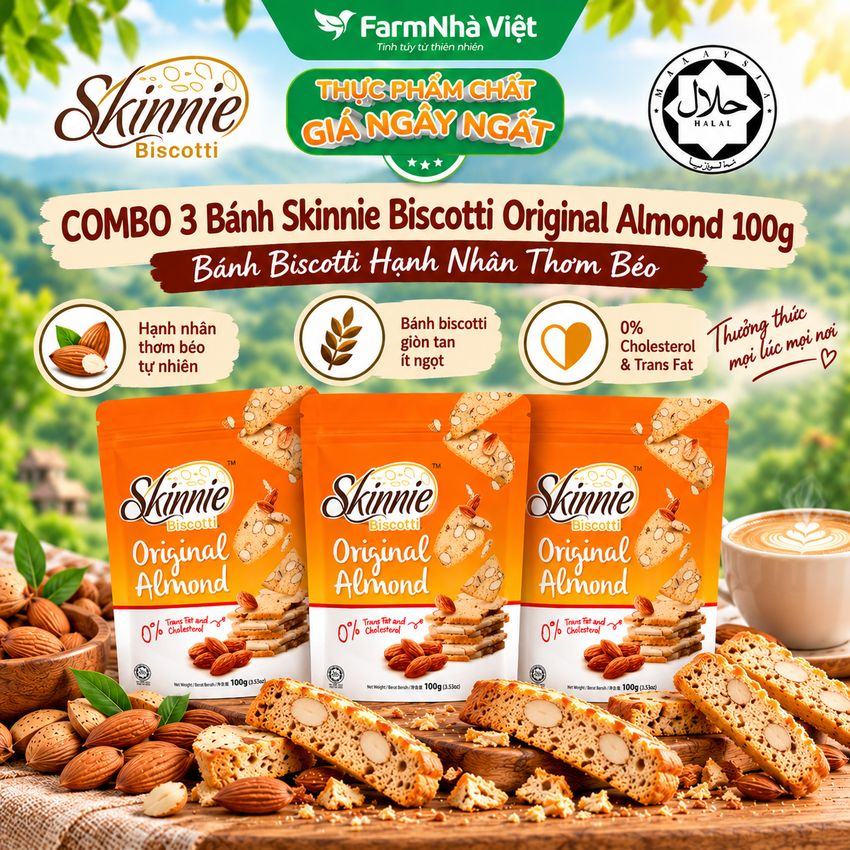 (Combo 3) Bánh Skinnie Biscotti Original Almond 100g - Biscotti Hạnh Nhân Truyền Thống Thơm Béo