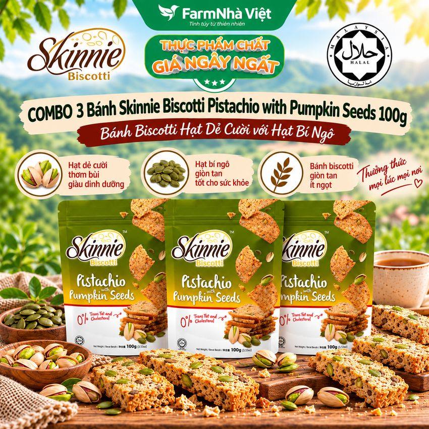(Combo 3) Bánh Skinnie Biscotti Pistachio Pumpkin Seeds 100g - Hạt Dẻ Cười với Hạt Bí Ngô