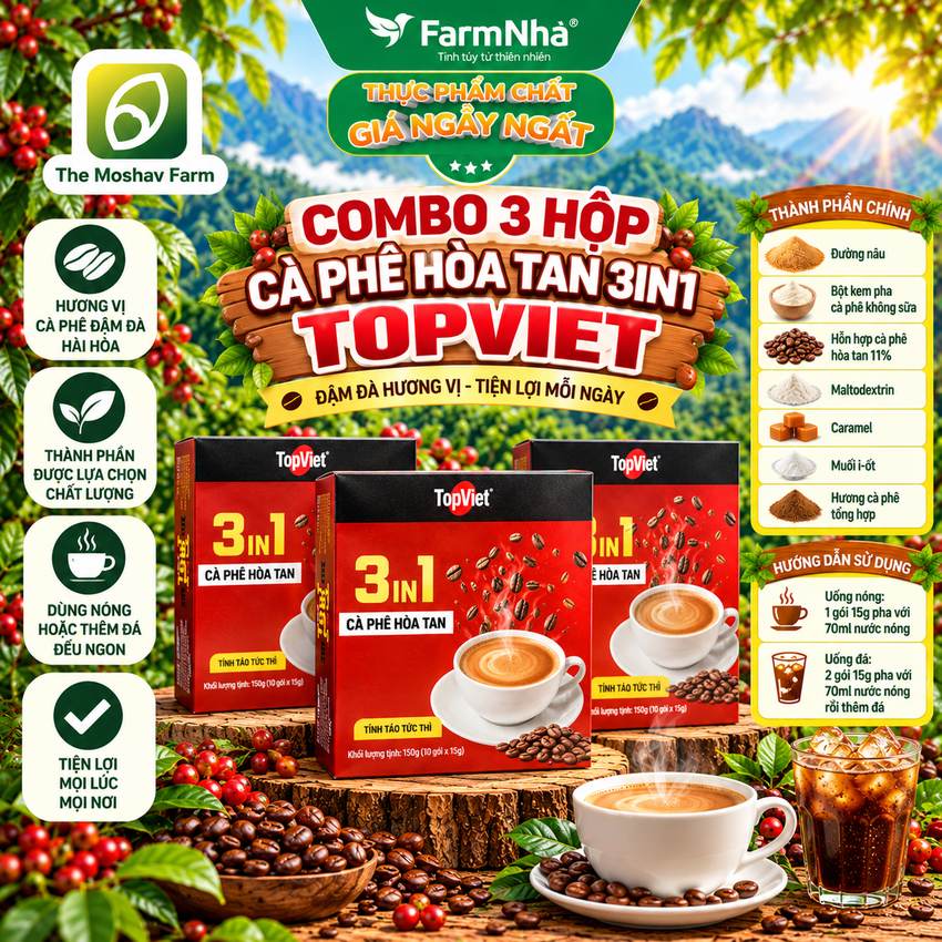 (Combo 3) Cà Phê Hòa Tan 3in1 TopViet 150g – Cà Phê Sữa Hòa Tan 10 Gói × 15g 