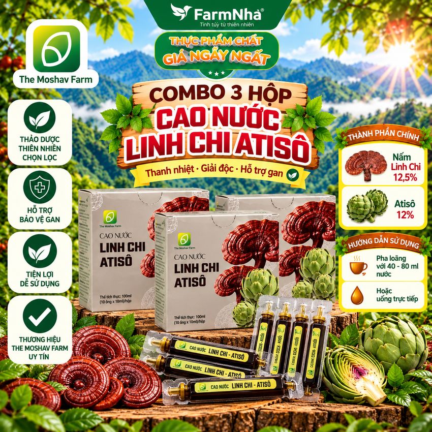 (Combo 3) Cao Nước Linh Chi Atiso The Moshav Farm – Linh Chi Xích Chi & Atiso 10 Ống × 10ml 