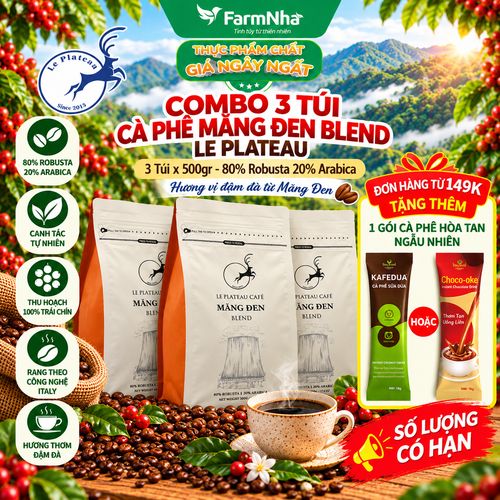 (Combo 3) Cà phê Măng Đen Blend Le Plateau 500gr 20% Arabica 80% Robusta Nguyên Hạt - Chuẩn FDA Hoa Kỳ