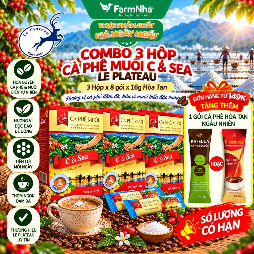 (Combo 3) Cà Phê Muối Hòa Tan C & Sea Le Plateau Hộp 128g 8 góix16g - Vị Thơm Béo Mặn Mà Muối Biển