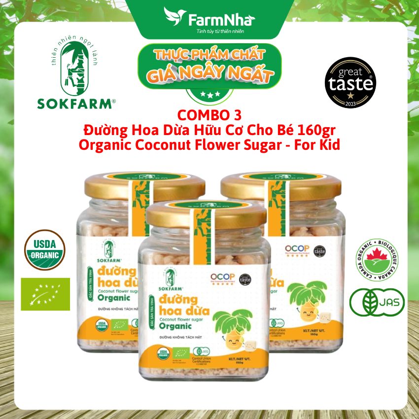 (Combo 3) Đường Hoa Dừa Hữu Cơ Sokfarm 160g Cho Bé | Đường Tự Nhiên Chỉ Số GI Thấp An Toàn Cho Bé