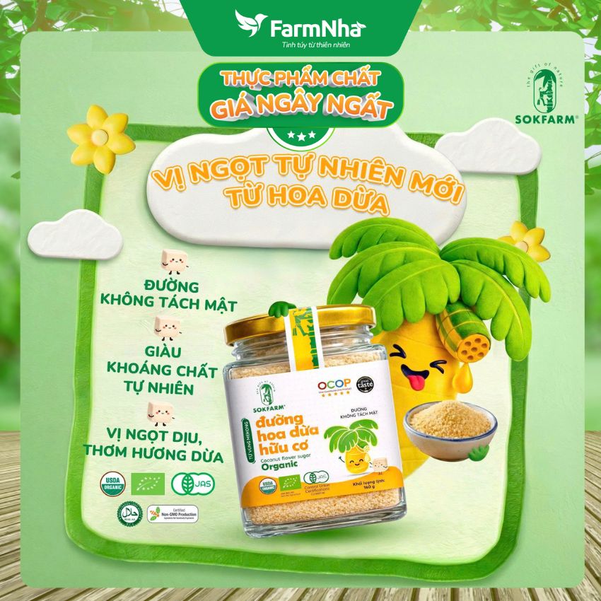 (Combo 3) Đường Hoa Dừa Hữu Cơ Sokfarm 160g Cho Bé | Đường Tự Nhiên Chỉ Số GI Thấp An Toàn Cho Bé