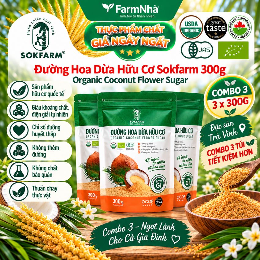 (Combo 3) Đường hoa dừa Hữu Cơ Sokfarm Túi 300gr - Chỉ số đường huyết thấp, tăng cường sức khỏe
