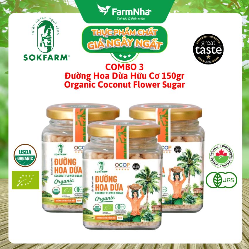 (Combo 3) Đường hoa dừa Hữu Cơ Sokfarm Hủ 150gr - Chỉ số đường huyết thấp, tăng cường sức khỏe