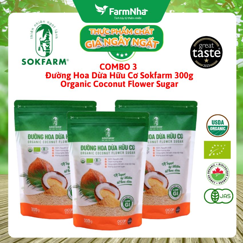 (Combo 3) Đường hoa dừa Hữu Cơ Sokfarm Túi 300gr - Chỉ số đường huyết thấp, tăng cường sức khỏe