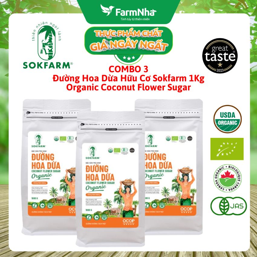 (Combo 3) Đường hoa dừa Hữu Cơ Sokfarm túi 1kg - Chỉ số đường huyết thấp, tăng cường sức khỏe