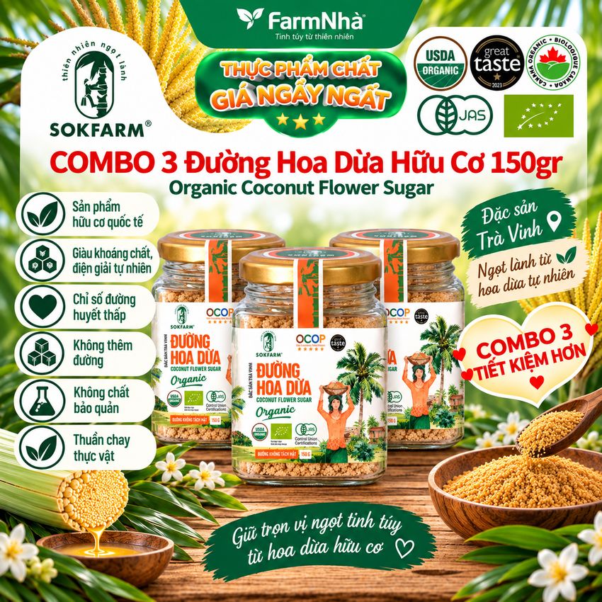 (Combo 3) Đường hoa dừa Hữu Cơ Sokfarm Hủ 150gr - Chỉ số đường huyết thấp, tăng cường sức khỏe