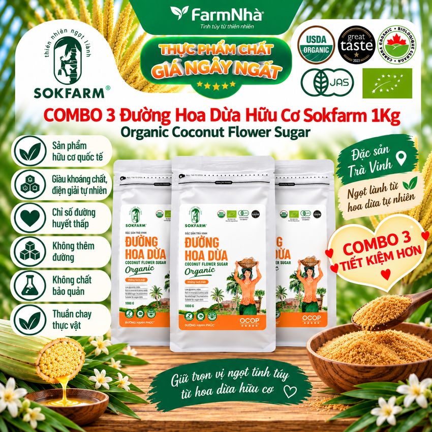 (Combo 3) Đường hoa dừa Hữu Cơ Sokfarm túi 1kg - Chỉ số đường huyết thấp, tăng cường sức khỏe