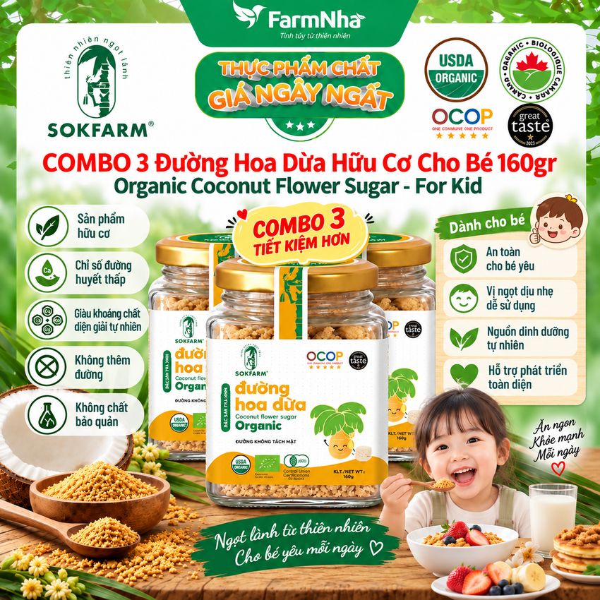 (Combo 3) Đường Hoa Dừa Hữu Cơ Sokfarm 160g Cho Bé | Đường Tự Nhiên Chỉ Số GI Thấp An Toàn Cho Bé