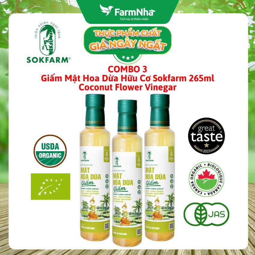 (Combo 3) Giấm Mật Hoa Dừa Sokfarm Hữu Cơ 265ml – Giấm Mẹ Vị Chua Tự Nhiên Tốt Cho Sức Khỏe