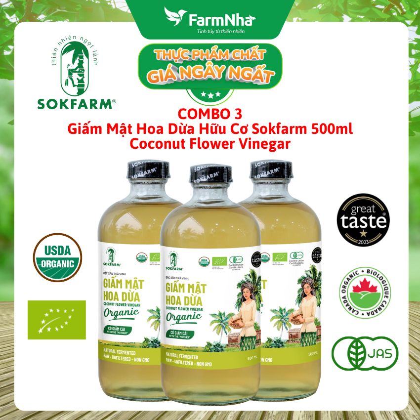 (Combo 3) Giấm Mật Hoa Dừa Sokfarm Hữu Cơ 500ml – Giấm Mẹ Vị Chua Tự Nhiên Tốt Cho Sức Khỏe