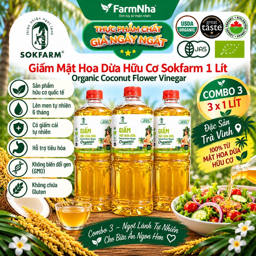 (Combo 3) Giấm Mật Hoa Dừa Sokfarm Hữu Cơ 1 lít – Giấm Mẹ Vị Chua Tự Nhiên Tốt Cho Sức Khỏe