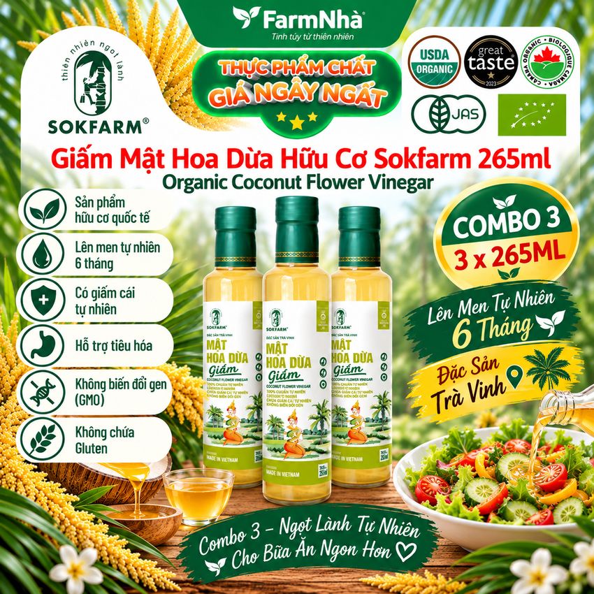 (Combo 3) Giấm Mật Hoa Dừa Sokfarm Hữu Cơ 265ml – Giấm Mẹ Vị Chua Tự Nhiên Tốt Cho Sức Khỏe