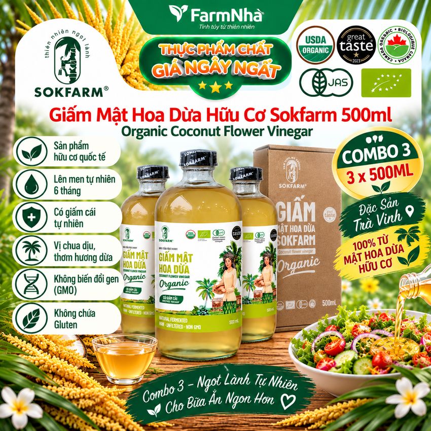 (Combo 3) Giấm Mật Hoa Dừa Sokfarm Hữu Cơ 500ml – Giấm Mẹ Vị Chua Tự Nhiên Tốt Cho Sức Khỏe