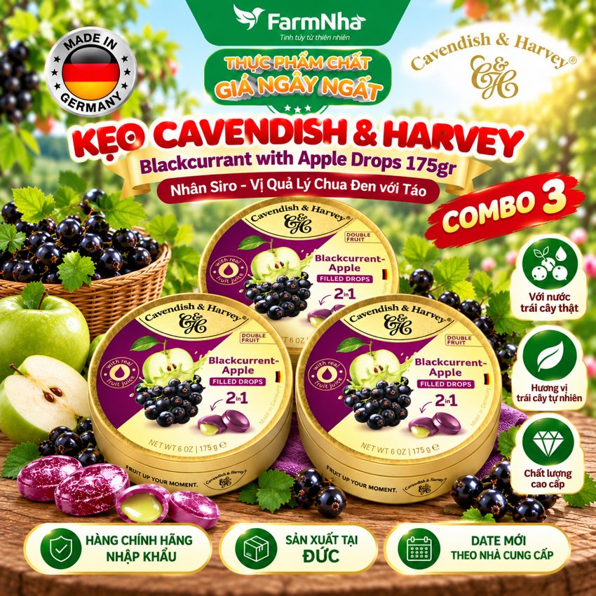 (Combo 3) Kẹo Cavendish & Harvey BLACKCURRANT WITH APPLE FILLING 175g Nhân Siro Hộp Thiếc - Kẹo Trái Cây Đức