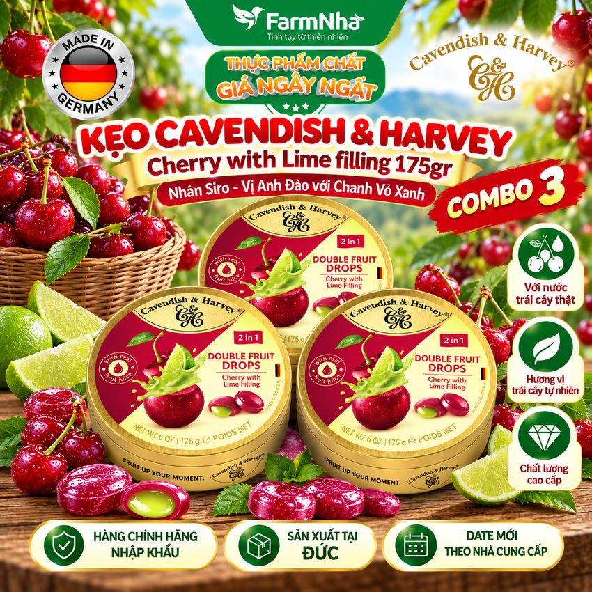 (Combo 3) Kẹo Cavendish & Harvey CHERRY WITH LIME FILLING 175g Nhân Siro Hộp Thiếc - Kẹo Trái Cây Đức