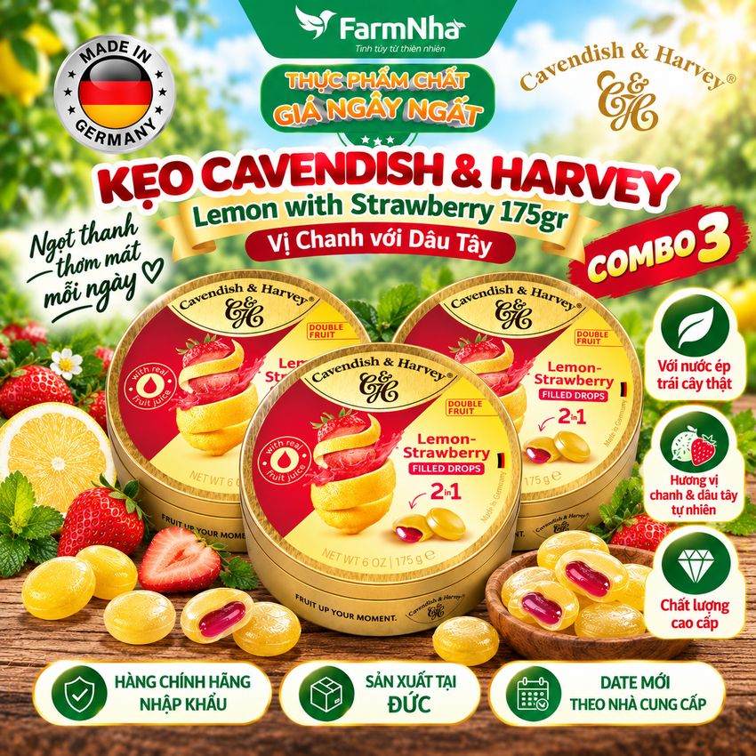 (Combo 3) Kẹo Cavendish & Harvey LEMON WITH STRAWBERRY FILLING 175gr Nhân Siro Hộp Thiếc - Kẹo Trái Cây Đức
