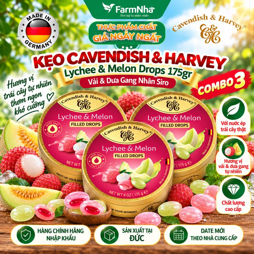 (Combo 3) Kẹo Cavendish & Harvey Lychee & Melon 175g Nhân Siro Hộp Thiếc - Kẹo Đức Vị Trái Cây Tự Nhiên