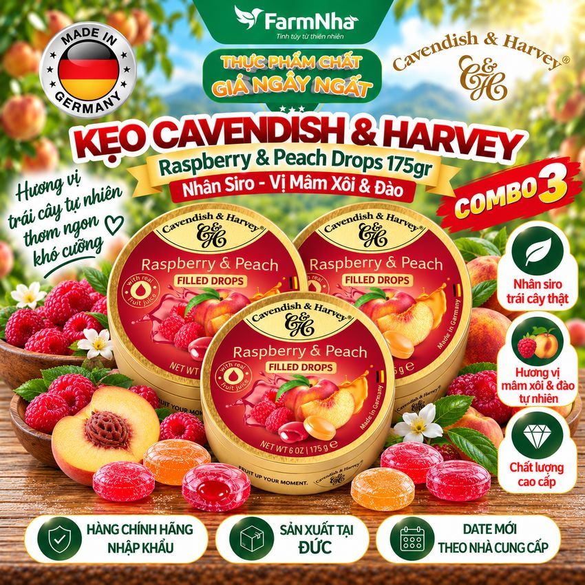 (Combo 3) Kẹo Cavendish & Harvey Raspberry & Peach 175g Nhân Siro Hộp Thiếc - Kẹo Đức vị Trái Cây Tự Nhiên