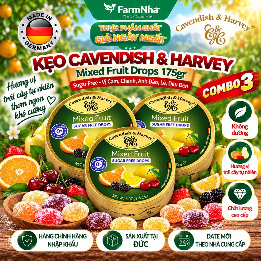 (Combo 3) Kẹo Cavendish & Harvey MIXED FRUIT Sugar Free 175gr Hộp Thiếc - Kẹo Đức vị Trái Cây Không Đường