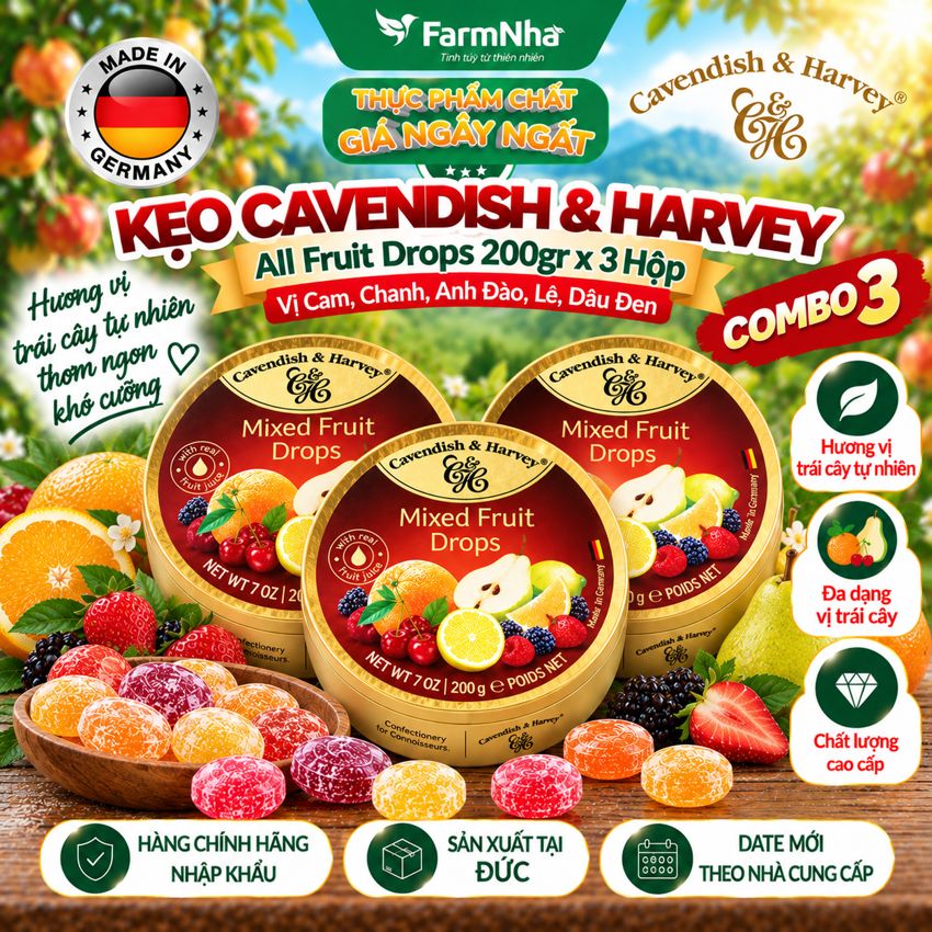 (Combo 3) Kẹo trái cây Cavendish & Harvey vị ALL FRUIT 200gr - Sản phẩm nhập khẩu từ Đức