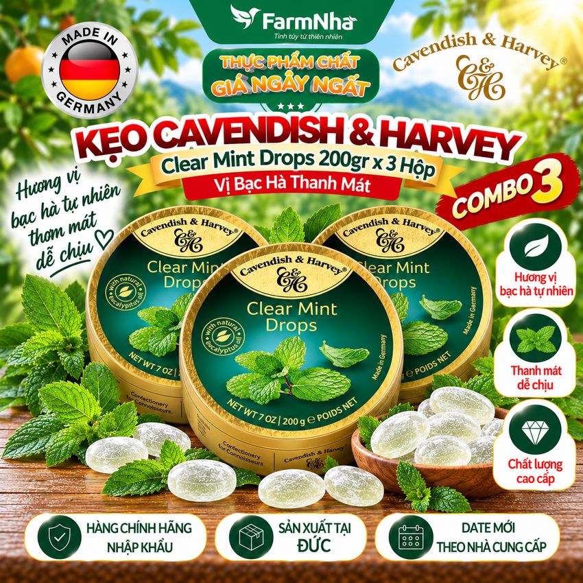 (Combo 3) Kẹo Cavendish & Harvey vị CLEAR MINT 200gr - Hương vị tuyệt vời từ Đức