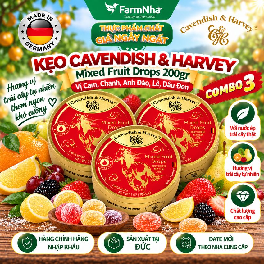 (Combo 3) Kẹo Cavendish & Harvey Mixed Fruit 200g Con Ngựa Hộp Thiếc - Kẹo Đức Phiên Bản Đặc Biệt
