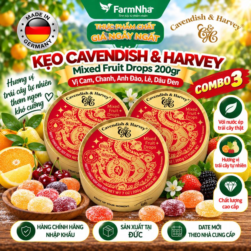 (Combo 3) Kẹo Cavendish & Harvey Mixed Fruit 200g Con Rắn Hộp Thiếc -Kẹo Đức với Phiên Bản Đặc Biệt