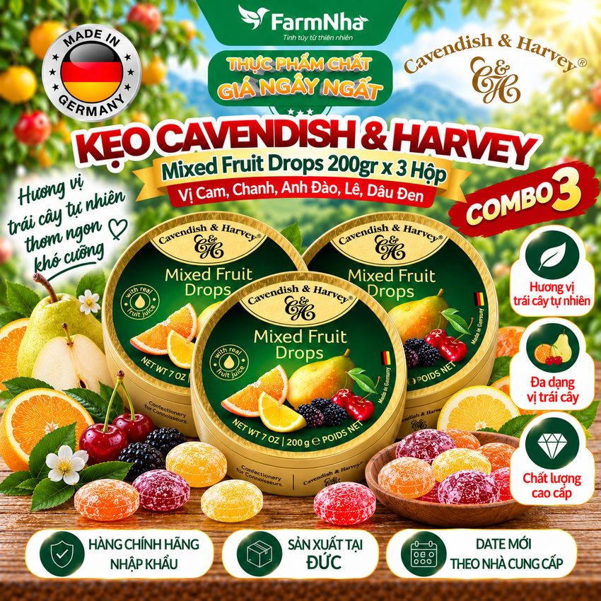 (Combo 3) Kẹo trái cây Cavendish & Harvey vị MIXED FRUIT 200gr - Sản phẩm với hương vị tuyệt vời từ Đức