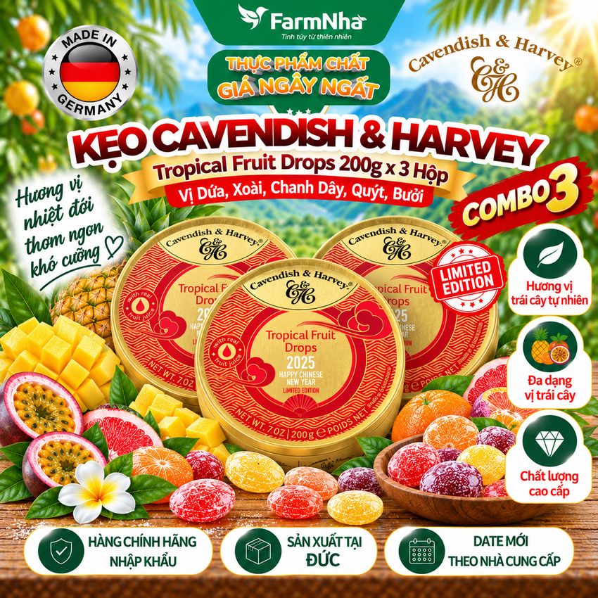 (Combo 3) Kẹo Cavendish & Harvey Tropical Fruit 200g Mây Hộp Thiếc - Kẹo Đức với Phiên Bản Đặc Biệt