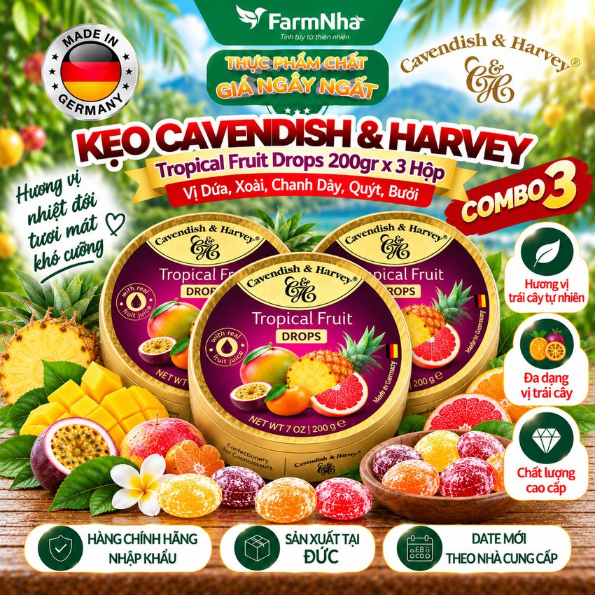 (Combo 3) Kẹo trái cây Cavendish & Harvey vị TROPICAL FRUIT 200gr - Hương vị tự nhiên tuyệt vời từ Đức