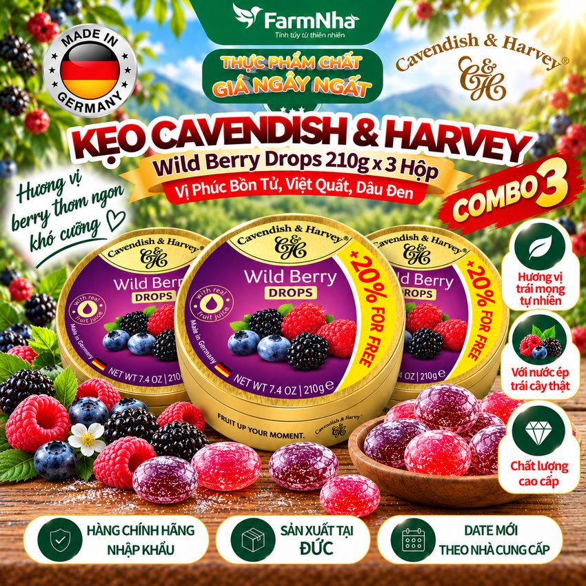 (Combo 3) Kẹo Cavendish & Harvey Wild Berry 210g Hộp Thiếc - Kẹo Đức vị Trái Cây Tự Nhiên